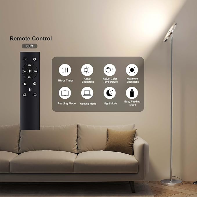 SUNMORY Floor Lamps for Living Room, 32W/3000LM Super Bright LED Floor Lamp with Remote Control, 69" Tall Standing Lamp with Stepless Dimmable, Modern Torchiere Corner Lamp for Bedroom, Office Nickel