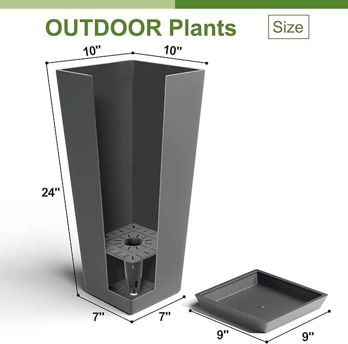 24-Inch Tall Planters Set of 2 for Outdoor and Indoor Use,Tapered Flower Pots with Drainage Tray, Front Porch and Patio Decor,Ideal for Large Plants, Grey