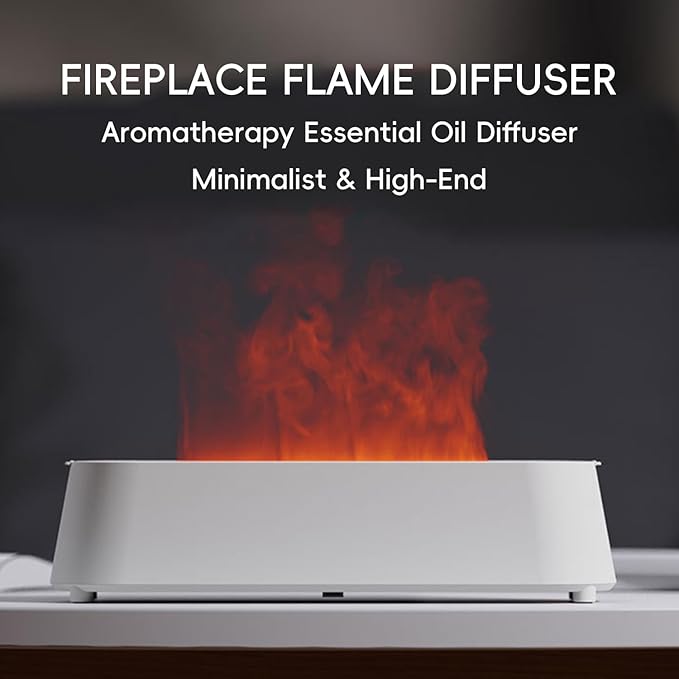 Essential Oil Diffuser, Fireplace Fire Flame Aromatherapy Diffuser, 250ml Cool Mist Humidifier, Scent Aroma Diffuser with 7 Colors Light, Remote Control, Timer & Auto-Off for Home, Room (White)