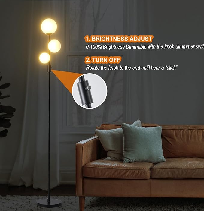 Fiqevs Upgraded Dimmable 3 Globe Mid Century Modern Floor Lamp, 3 x 3000K Warm Light LED Bulbs Included, Matt Black Standing Lamp with Sphere Glass Shade, Vintage Tall Lamp for Living Room, Bedroom