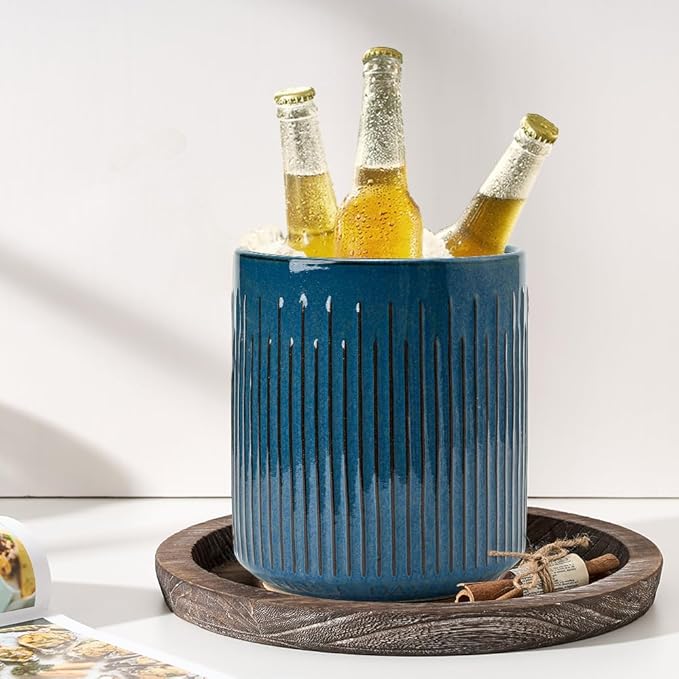 JIEMEI HOME Kitchen Utensil Holder, 7.2" Large Ceramic Stable Utensil Crock for Countertop, Utensil Holder with Cork Mat, Removable Bamboo Divider for Easy, Kitchen Decor, Blue