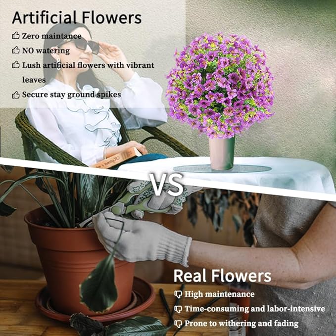 Faux Flowers for Outdoor Planters, 2Pcs Purple Lifelike Topiary Ball Tree with Ground Spike, Daisy Eucalyptus Artificial Flowers for Front Porch Decor