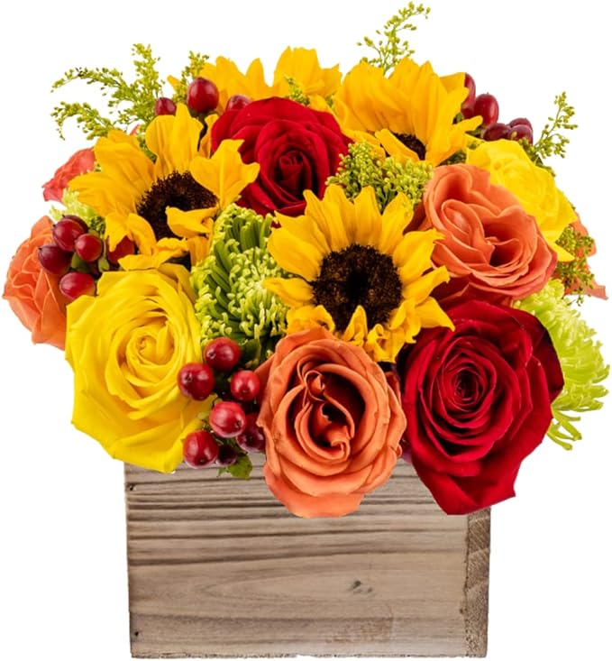 Warm Glow in Wooden Vase | Yellow, Orange and Red Fresh Flower Foam Arrangement | Arabella Bouquets | Flowers for Delivery, THanksgiving, Birthday, Congratulations
