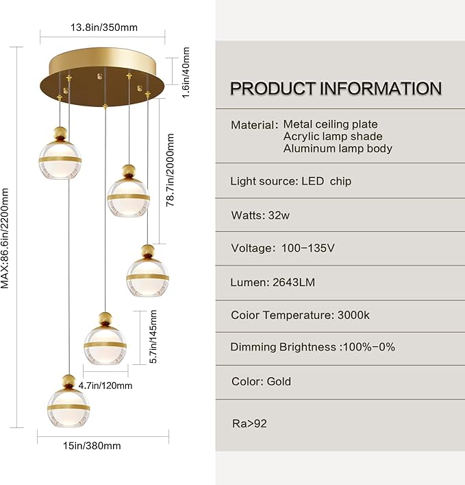 Modern Pendant Lighting Dimmable LED Hanging Pendant Light Fixtures Gold Cluster Pendant Lights Kitchen Island for Dining Room Living Room Bedroom Stairs Globe 5-Light