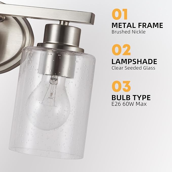 Bathroom Vanity Light Fixtures Over Mirror, Seeded Glass Bathroom Vanity Light, 4 Light Brushed Nickel Bathroom Light Fixtures with Clear Glass, Modern Rustproof Vanity Light Wall Mount