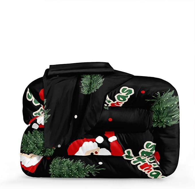 Bedorm Green Christmas Tree Comforter Santa Claus Bedding Set Merry Xmas Holiday Bedroom Decor White Snowflake Black Winter Comforter Set Queen Size