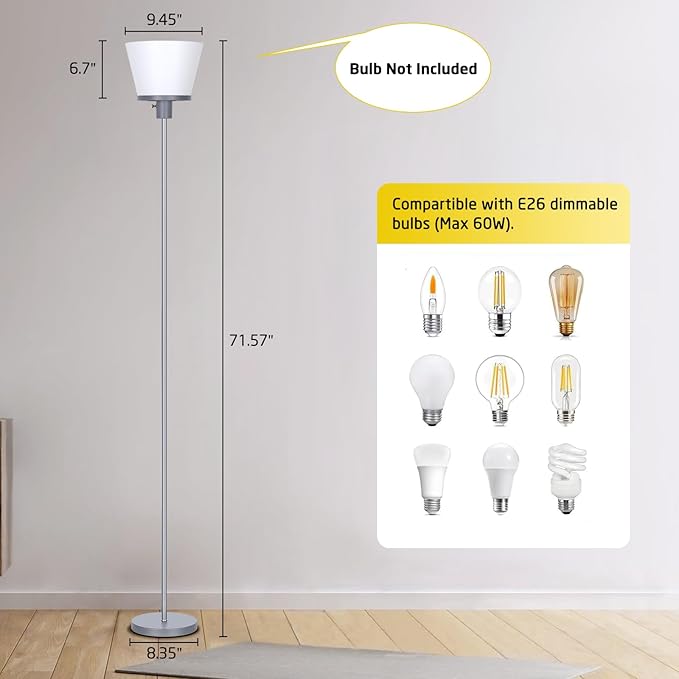 Standing Lamp for Bedroom, LED Modern Floor Lamp for Living Room Office, Sliver Tall Bright Floor Lamp with White Plastic Shade, Bulb Not Included.