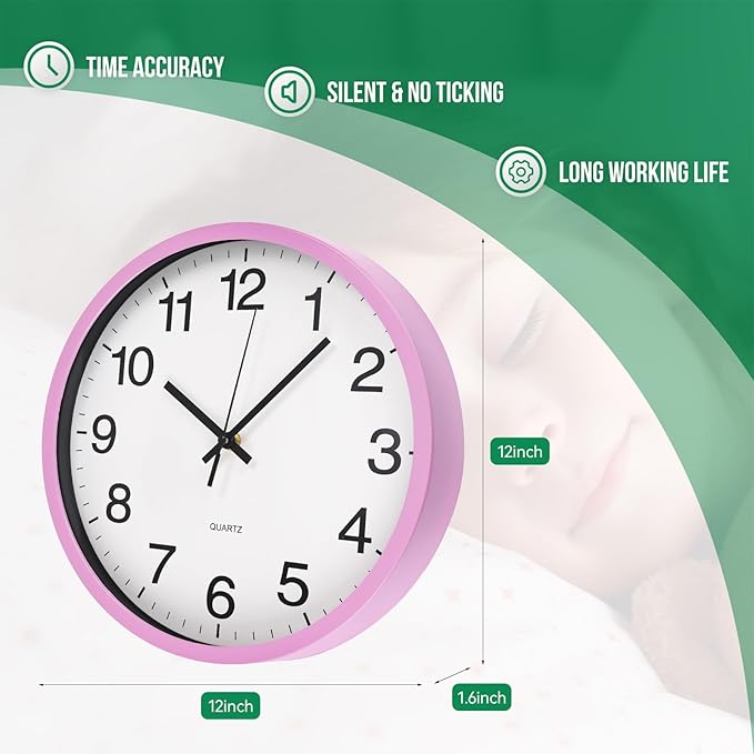 Wall Clock Non-Ticking Silent Quartz Movement Decor Clock Modern Simple Style Round Plastic Wall Clocks for Home/Office/School/Living Room/Bedroom/Kitchen (Pink, 12 Inch)