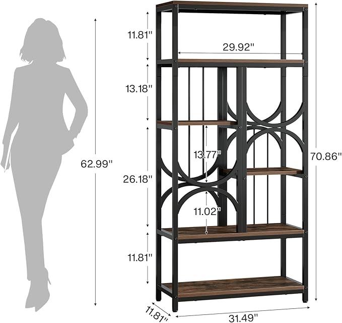 Tribesigns Bookshelf, 5-Tier Industrial Etagere Bookcase, 70.86-Inch Tall Bookshelves with 6 Open Storage Shelf, Display Shelf Storage Organizer for Living Room Home Office, Rustic Brown