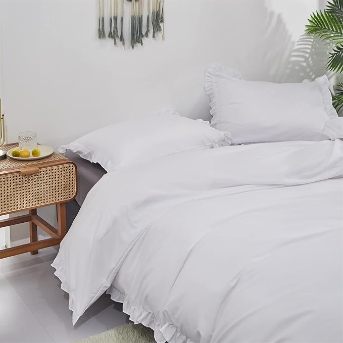 Luxlovery White Ruffle Comforter Set Twin Farmhouse Bedding Comforter Set Boho Shabby Chic Plain White Blanket Quilts Vintage Rustic Soft Breathable Bedding Set with Ruffles for Twin Bed