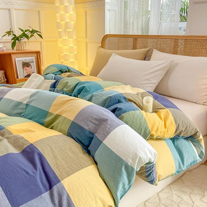 VM VOUGEMARKET Yellow Green Plaid Duvet Cover Set Queen Washed Cotton Bedding Set Multicolor Buffalo Grid Duvet Cover with 2 Pillowcases for Men Women