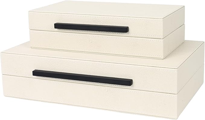 Beige Shagreen Decorative Storage Boxes – Set of 2 Faux Leather Jewelry & Memory Boxes with Black Metal Handles, Nesting Photo Organizers for Home Decor, Gift, and Office Organization
