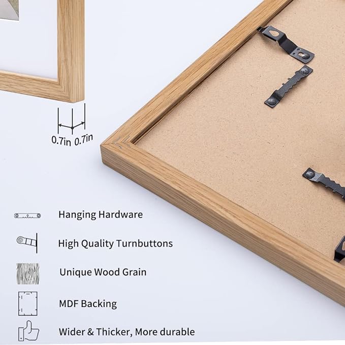 Axeman 16x16 Picture Frame with Mat for 12x12, Solid Oak Wood Square Picture Frame with Tempered Glass, Wooden Square Photo Frame 16''x16'' for Art Photo and Prints, Set of 2, Natural