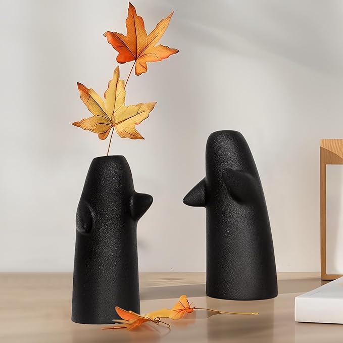 2 Pack Black Flower Vases for Bouquet, Small Ceramic Vases for for Centerpieces Home Decor Accents Terracotta Vase for Table Entryway Bookshelf Living Room