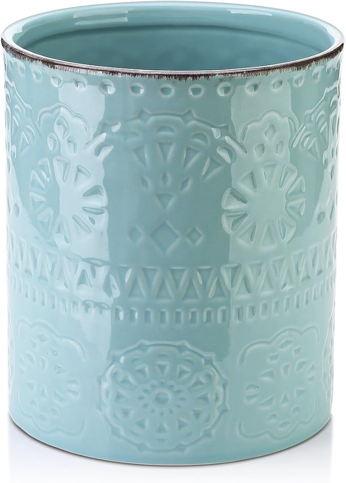 DOWAN 7.2" Kitchen Utensil Holder, Extra Large Farmhouse Utensil Holders for Countertop, Ceramic Utensil Crock, Anti Slip Cork Bottom (Blue, 7.2 Inch)