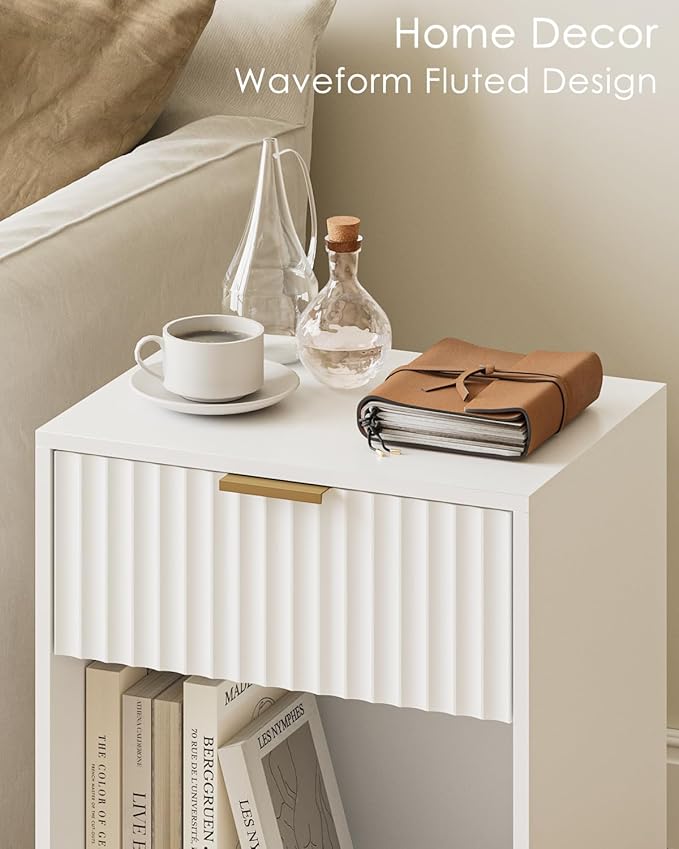 Masupu Fluted Nightstand,Modern Night Stand Wood Bedside Table with Storage Drawer Side End Table for Bedroom,Living Room,Office,White