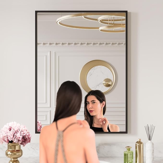 LOAAO 20"X30" Black Rectangle Bathroom Mirror Wall, Matte Black Aluminum Alloy Frame, Tempered Glass, Hangs Vertically or Horizontally, Easy to Install