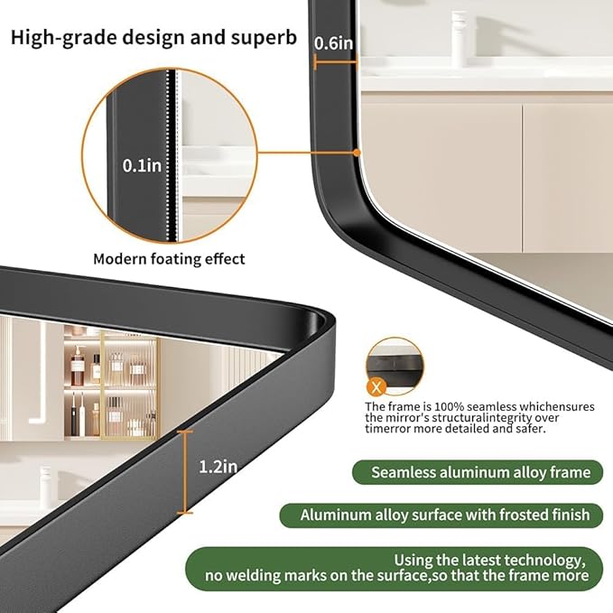 Black Metal Frame Wall Mount Bathroom Mirror, 22x 34 Inch Rectangular Round Mirror, Matte Black Vanity Mirror, Farmhouse Style, Hang Horizontally or Vertically
