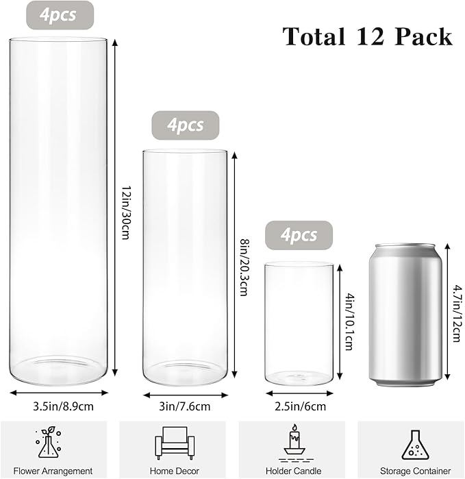 Fixwal 12pcs Clear Glass Cylinder Vases, 4, 8, 12 Inch Tall Cylinder Vases for Centerpieces, Glass Flower Vase Floating Candle Holder Vase for Table Shelf, Party, Wedding, Home Decor