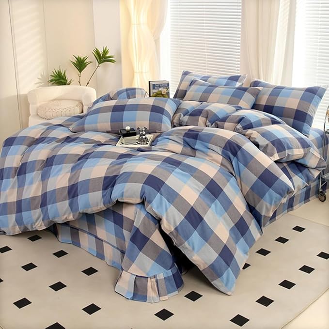 VM VOUGEMARKET Blue Plaid Duvet Cover Sets Queen,Soft Washed Cotton 3 Pieces Gingham Duvet Cover with Zipper Closure for Teen Boys Girls Simple Modern Bedding Set (Blue/Grey/Beige)