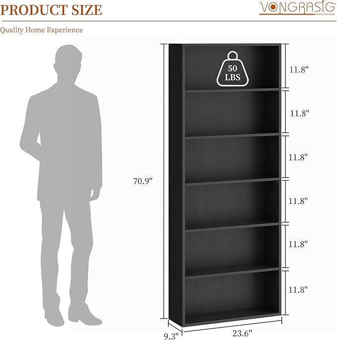 Vongrasig 6-Tier Open Bookcase and Bookshelf, Floor Standing Wood Display Storage Shelves 71 Inch Tall Bookcase Home Decor Furniture for Home Office, Living Room, Bed Room, Black, 2 Pieces