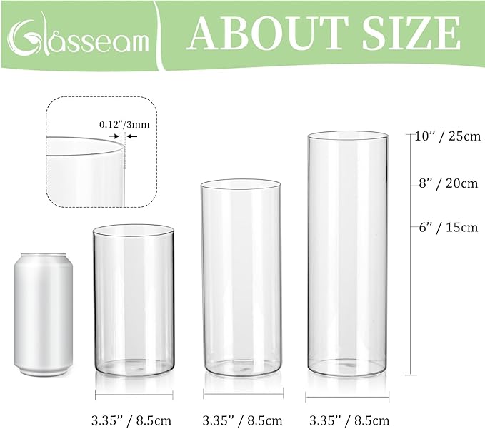 Glasseam Cylinder Vases for Centerpieces, Clear Glass Cylinder Vase Set of 6, Modern Floating Candle Vases for Flowers, Hurricane Vase Decor Candle Holders for Pillar Candles Wedding Decorations