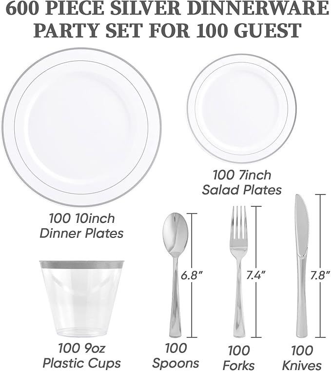 FOCUSLINE 600 Ct Silver Dinnerware Set for 100 Guests - Silver Rimmed White Disposable Plastic Plates, Includes 100 Dinner & Salad Plates, Cups, Cutlery Set for Wedding Parties