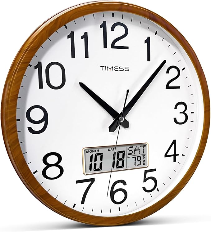 Wall Clock, Classic Wood Style Finish, 16 Inch Non-Ticking Silent Battery Operated Quartz Analog with Perpetual Calendar and F° Temperature Display, Home, Office Décor (Wood Yellow)