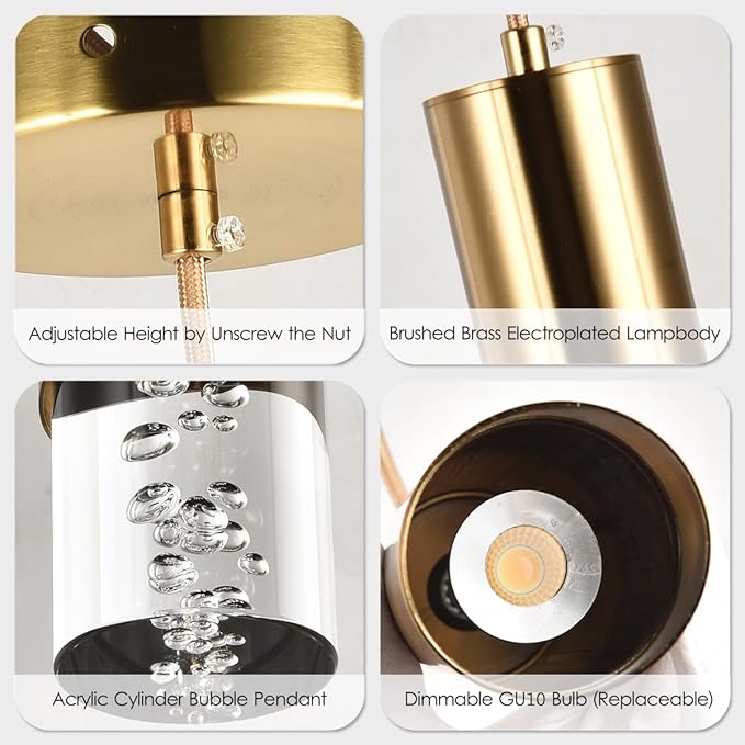 Pendant Lights Kitchen Island, Dimmable Island Cylinder Brass Pendant Light Fixture, 1 Light Bubble Acrylic Small Modern Pendant Lighting for Bedroom Bar, 3000K