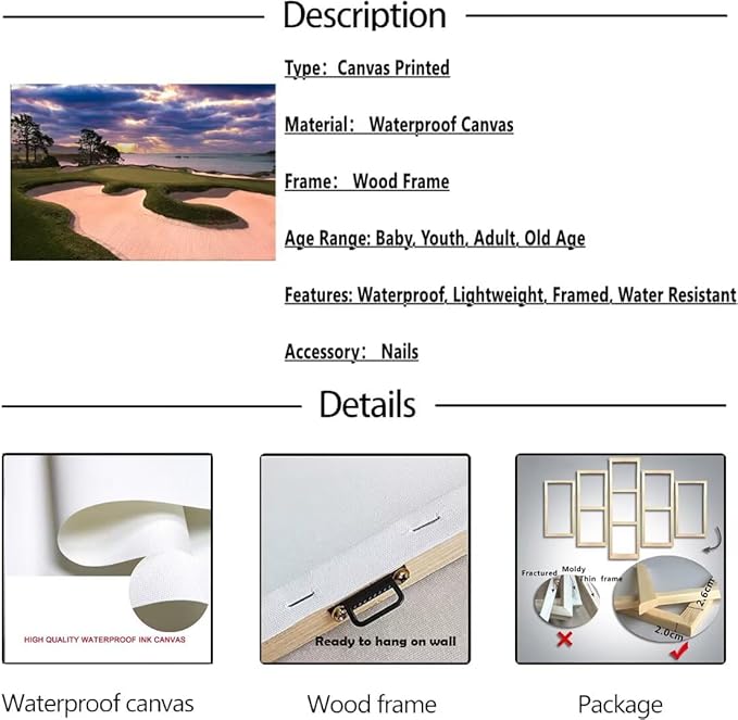 chenchenArt Pebble Beach Golf Course Wall Art for Living Room Bedroom Bathroom Home Decorations Golf Course Picture Poster Wall Decor for Office Canvas Prints Framed Ready to Hang(12''H x 16''W)