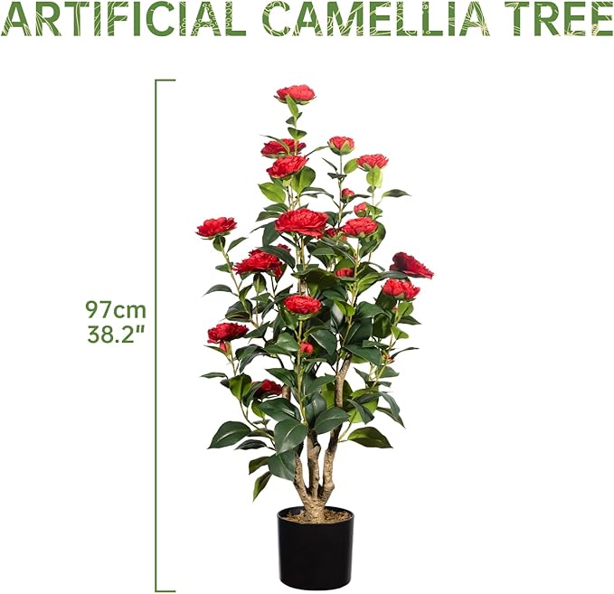 Romantic Season 2Pack Artificial Camellia Tree, 3FT, Red Faux Camellia Plant, Fake Potted Flower Tree for Modern Homes