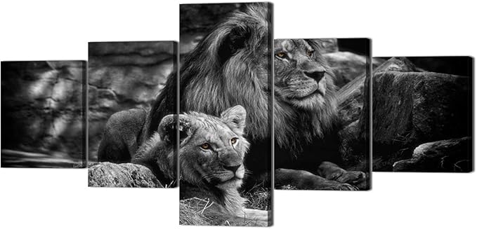 Yatsen Bridge 5 Piece Lion Picture Wall Decor Black and White Lion and Lioness Picture Printed on Canvas Modern Gallery-Wrapped Lion Painting Ready to Hang for Home and Office Decor - 50''W x 24''H