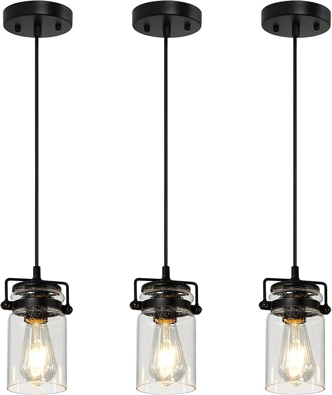 Industrial Pendant Lighting Fixtures, Hanging Pendant Lights with Seeded Glass Shade, 3 Pack Black Ceiling Light Fixture Adjustable Farmhouse Pendant Light for Kitchen Island Dining Room