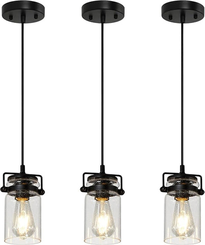 Industrial Pendant Lighting Fixtures, Hanging Pendant Lights with Seeded Glass Shade, 3 Pack Black Ceiling Light Fixture Adjustable Farmhouse Pendant Light for Kitchen Island Dining Room