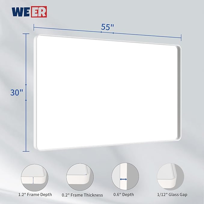 WEER White Bathroom Mirror 55X30 Inch, Rounded Rectangle White Metal Frame Mirror, Matte White Bathroom Vanity Mirror with Tempered Glass, Anti-Rust, Hangs Horizontally or Vertically