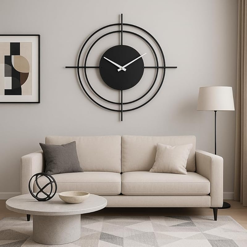 Metal Large Wall Clock, Rustic Wall Clock, Oversized Farmhouse Wall Clock, Modern Minimalist Round Wall Clock, Industrial Wall Art Decorative (Black, 20 Inch / 50 cm)