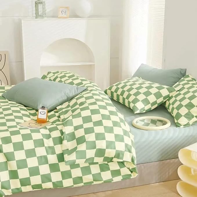 CLOTHKNOW Green White Plaid California King Comforter Set 3Pcs Grid Bedding Comforter Sets Checker Comforter with 2 x Pillow Cases