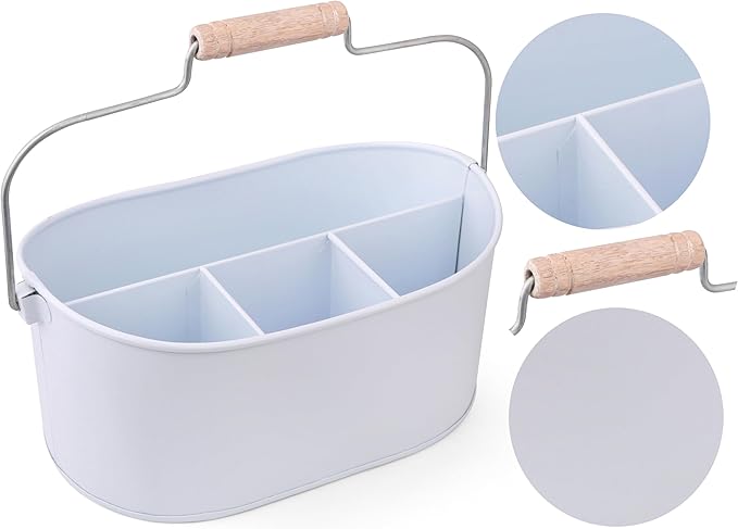 Alpha Living Home Farmhouse 4-Section Galvanized Utensil Caddy - Versatile Organizer for Kitchen, Party & Outdoor Events (Snow White) - Rustic Silverware Holder, Cutlery Organizer, Picnic (White)