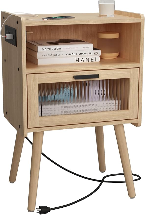 Mid Century Modern Nightstand with Charging Station, Bedside Tables with Glass Drawer, End Table Side Table with 2 Tiers Storage Space, for Bedroom, Living Room, Natural