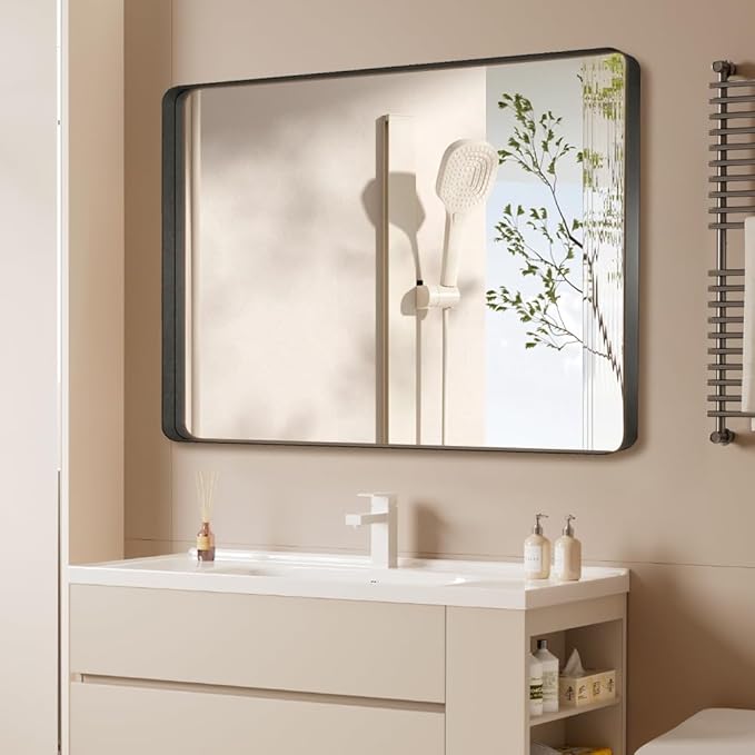 Black 48x32 Inch Metal Framed Mirror for Wall, Large Rounded Rectangle Mirror, Anti-Rust, Tempered Glass, Hangs Horizontally or Vertically