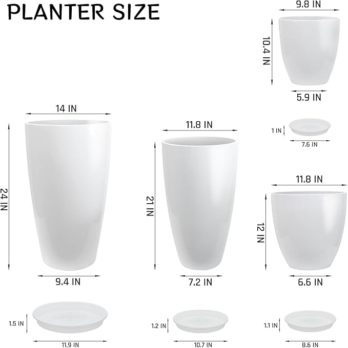 ZMTECH 24/21/12/10" H Large Plastic Planters with Drainage Hole and Saucer -Set of 4 Tall Plant Pots for Indoor & Outdoor Use,White Glossy Smooth Lightweight Flower Pot for Front Porch Patio Deck