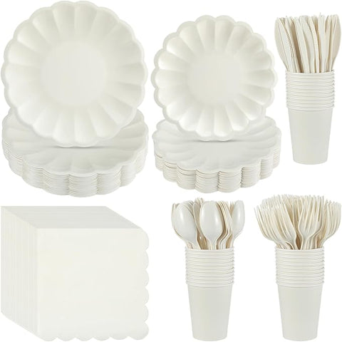 Newtay 350 Pcs Scalloped Paper Plates Shell Edge Disposable Tableware Cocktail Napkins Cups Plastic Spoons Forks Knives for Wedding Baby Shower Picnic Birthday Party Supply for 50 Guests (Cream White)