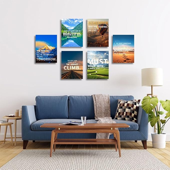 Inspirational Quotes Wall Art, Motivational Decoration Painting, Landscape Canvas Suitable for Library, Office, Living Room, Home Deco, Tabletop/Hanging | 6-Pack (29 x 38 cm) Framed