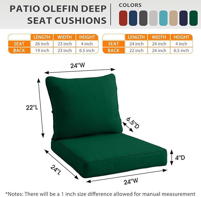 Sundale Outdoor Olefin Deep Seat Cushion, Patio Chair Cushion and Pillow, Water-Resistant Sectional Sofa Pad with Straps Dark Green, 24 x 24 x 4 Inches
