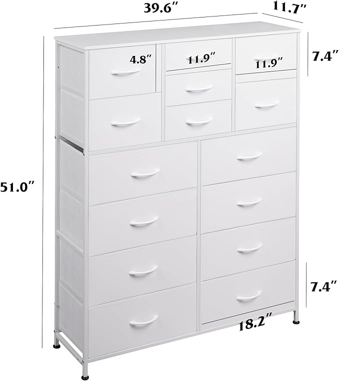 WLIVE Tall Console Table with 15 Fabric Drawers, Entryway Table with Storage, Tall Storage Organizer with Wood Top, Steel Frame for Living Room, Hallway, Office, White