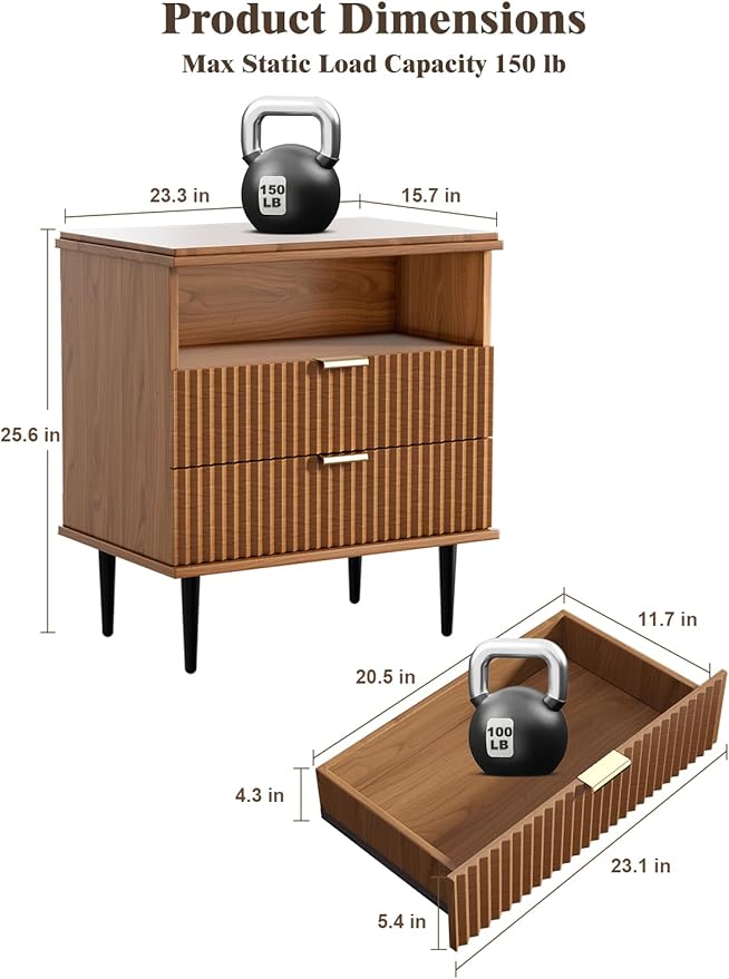Modern Nightstand with Charging Station, 2 Drawers Fluted Wood Bedside Table with USB, Type-C & Outlets, Metal Legs, Storage Dresser for Bedroom or Living Room (Walnut, 23.3)