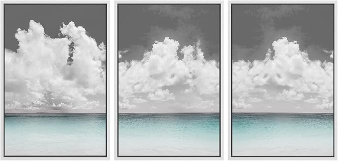 SIGNWIN 3 Piece Framed Canvas Wall Art Clouds Above The Blue Ocean Nature Wilderness Illustrations Abstract Traditional Relax/Calm Home Artwork Decoration for Living Room,Bedroom - 16"x24"x3 White