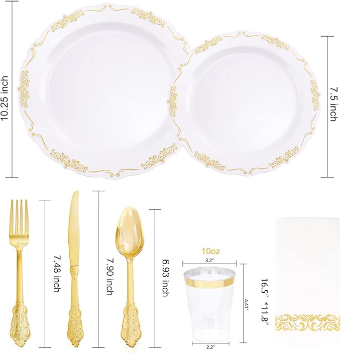 supernal 800pcs Gold Plastic Dinnerware Set,100pcs 10.25" Dinner Plates,100pcs 7.5" Dessert Plates,400 Gold Plastic Silverware,100 Cups,100 Napkins,100 Guest Tableware set