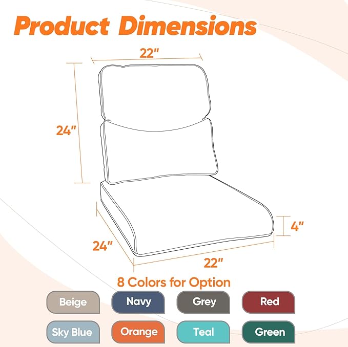 Patio Cushions for Outdoor Furniture - 22×24 Inches High Back and Deep Seating Outdoor Cushion for Patio Chairs Sofa Couch Loveseat Water Resistant(Blue/2 Set/Smile)