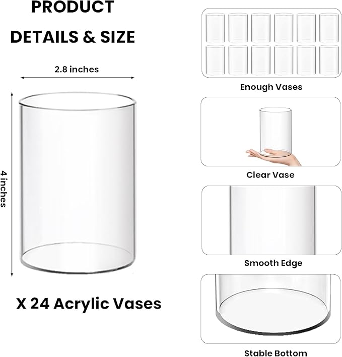 24 Pack Acrylic Vases, 4in Clear Acrylic Cylinder Plastic Flower Vase Bulk Small Plastic Vases for Centerpiece Office Wedding Decor